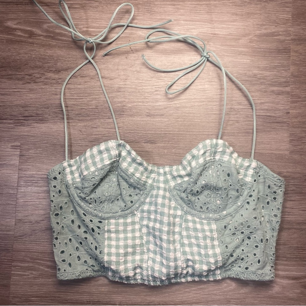 Urban Outfitters Gingham Eyelet Crop Top Size Small Tie-Back Bralette Corset - Picture 10 of 10